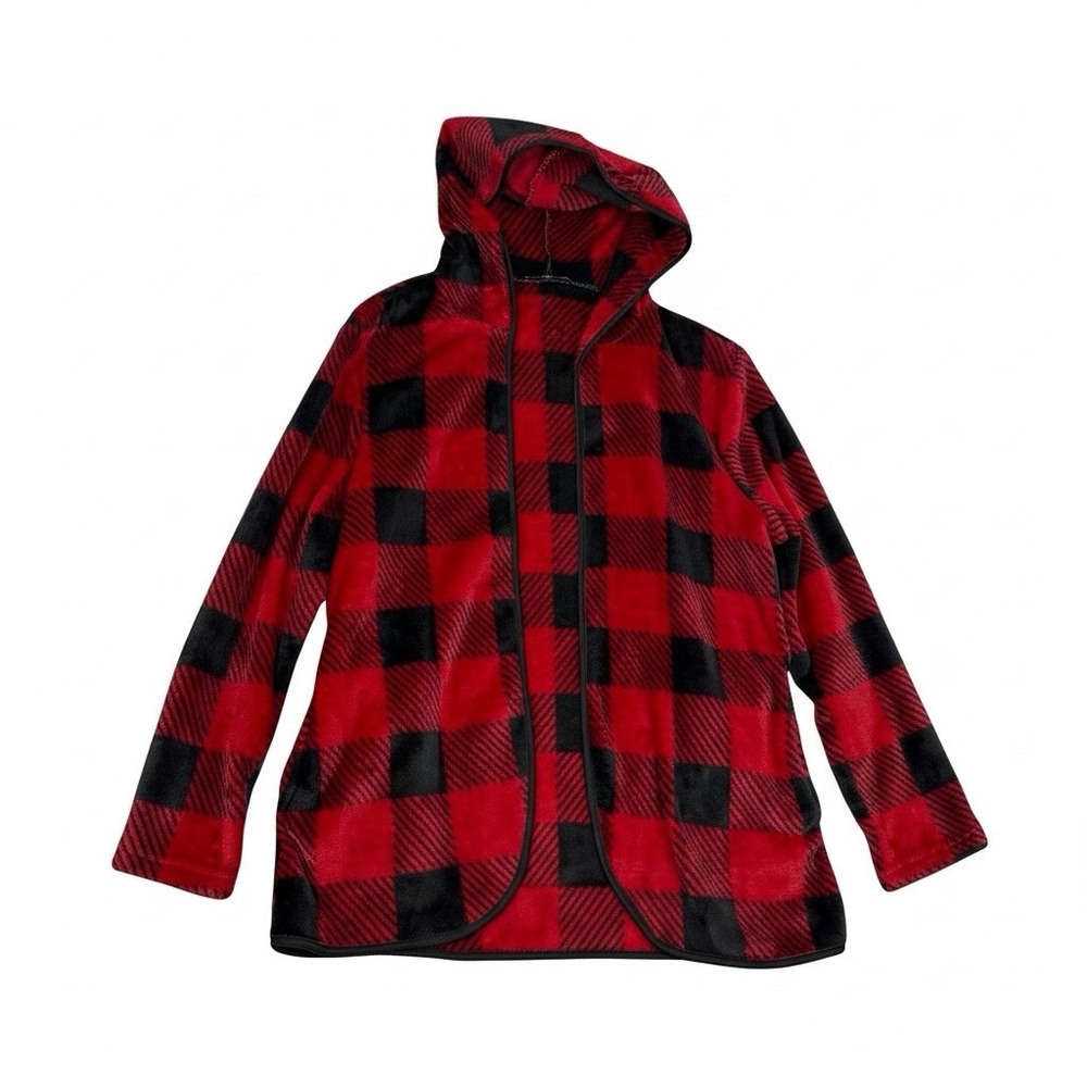 Knapp Studio Women Small Red Black Check Open Cardigan Fleece Hoodie Pocket
